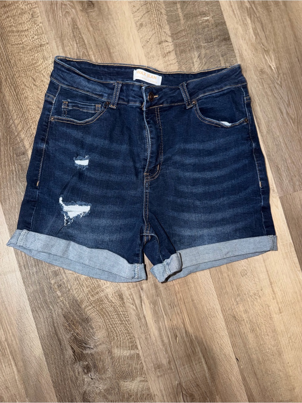 Wax Jean Women's Indigo Rolled-Hem Distressed Denim Shorts